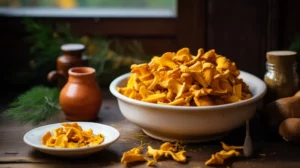 dirty chanterelles on a rustic wooden table
