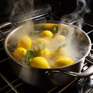 Lemons being boiled in a burnt pan.