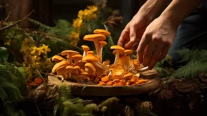 Display a variety of freshly foraged chanterelles in a lush forest setting