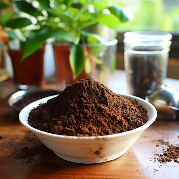 Brown coffee grounds in a white bowl