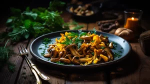 Image of freshly foraged chanterelles on a rustic wooden table